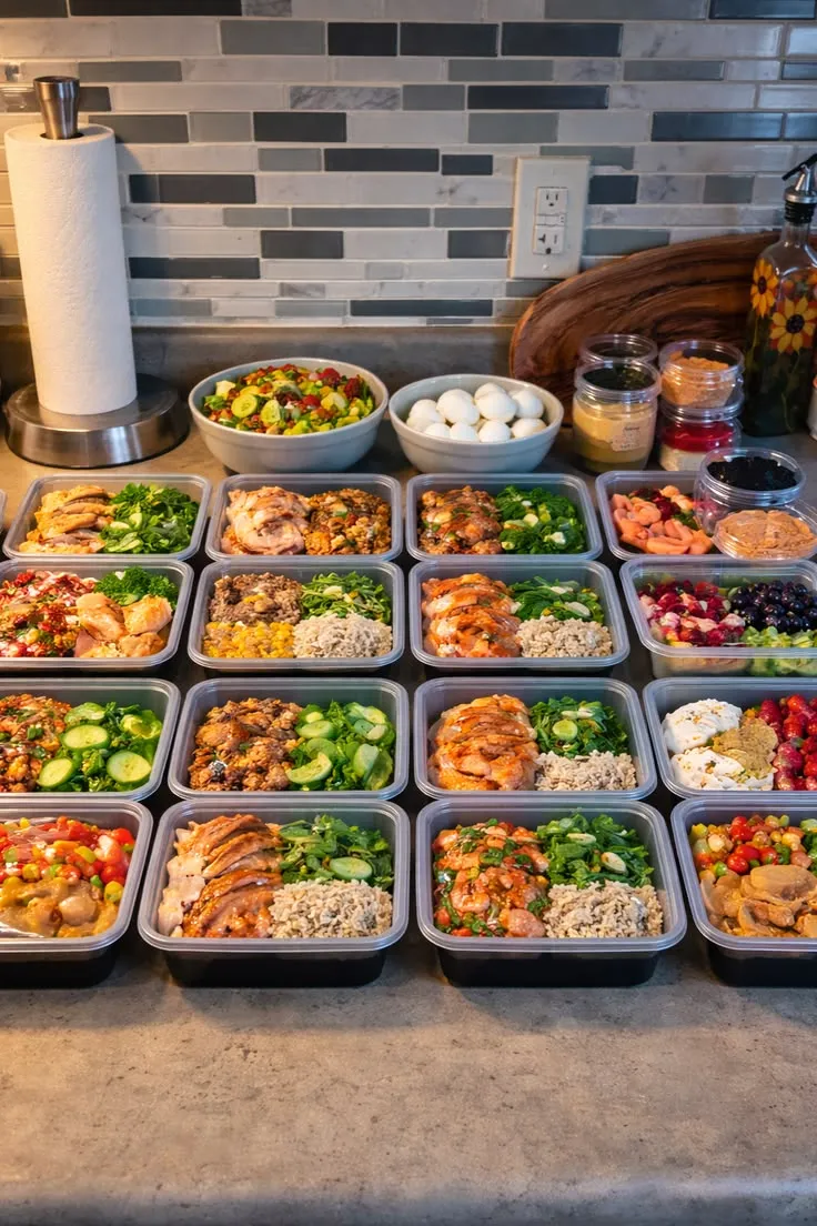 Prepared meal containers arranged on a kitchen surface
